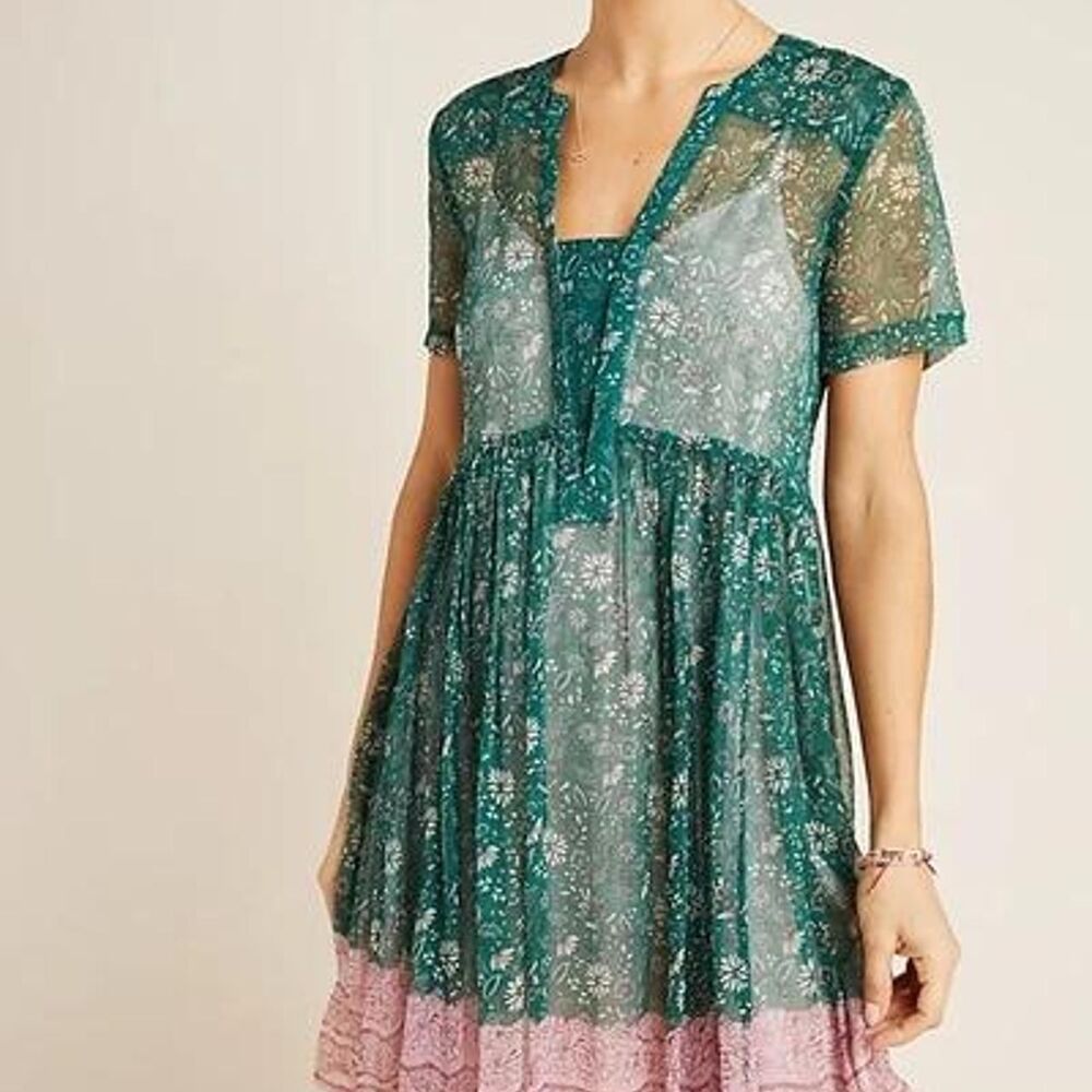 Anthropologie Maeve Adrian Sheer Tunic Dress SP Small Petite Boho Flowy